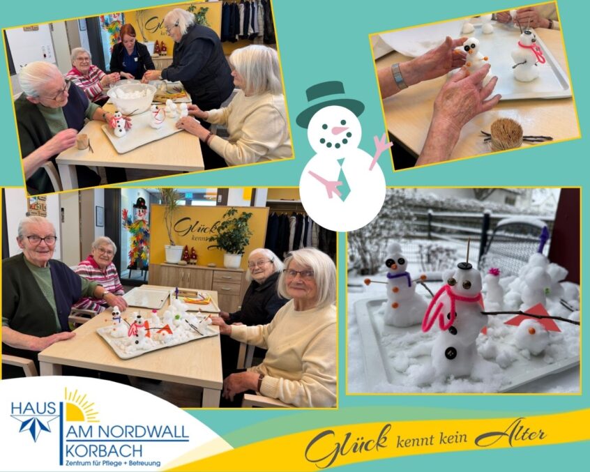 Gäste der Tagespflege bauen einen Schneemann im Warmen